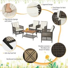 5 Piece Wicker Patio Conversation Set with 4 Armchairs and Acacia Top Table, Off White