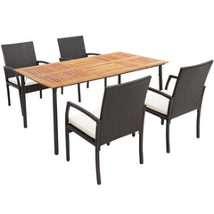 5 Piece Patio Wicker Dining Set, 63 Inch Acacia Topped Table with Umbrella Hole and 4 Cushioned Armchairs