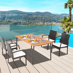 5 Piece Patio Wicker Dining Set, 63 Inch Acacia Topped Table with Umbrella Hole and 4 Cushioned Armchairs