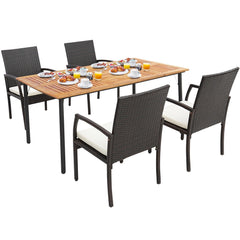 5 Piece Patio Wicker Dining Set, 63 Inch Acacia Topped Table with Umbrella Hole and 4 Cushioned Armchairs