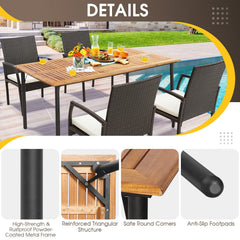 5 Piece Patio Wicker Dining Set, 63 Inch Acacia Topped Table with Umbrella Hole and 4 Cushioned Armchairs