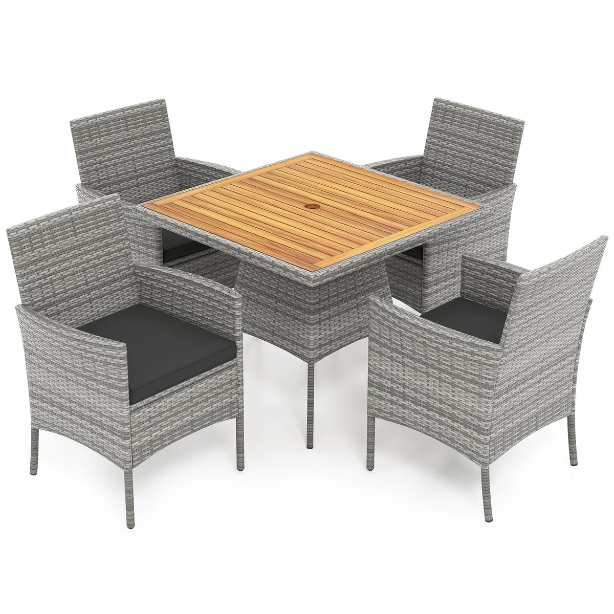 5 Piece Patio Dining Set, 35.5 Inch Square Acacia Topped Table with 1.97 Inch Umbrella Hole and 4 Grey Wicker Armchairs