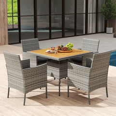 5 Piece Patio Dining Set, 35.5 Inch Square Acacia Topped Table with 1.97 Inch Umbrella Hole and 4 Grey Wicker Armchairs