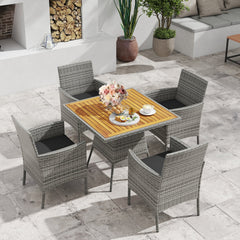 5 Piece Patio Dining Set, 35.5 Inch Square Acacia Topped Table with 1.97 Inch Umbrella Hole and 4 Grey Wicker Armchairs