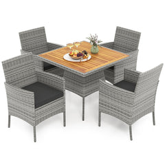 5 Piece Patio Dining Set, 35.5 Inch Square Acacia Topped Table with 1.97 Inch Umbrella Hole and 4 Grey Wicker Armchairs