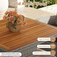 5 Piece Patio Dining Set, 35.5 Inch Square Acacia Topped Table with 1.97 Inch Umbrella Hole and 4 Grey Wicker Armchairs