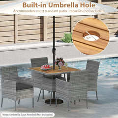5 Piece Patio Dining Set, 35.5 Inch Square Acacia Topped Table with 1.97 Inch Umbrella Hole and 4 Grey Wicker Armchairs