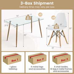 5 Pieces Rectangle Dining Table Set with 51 Inch Glass Tabletop-White