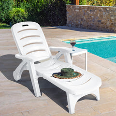 Folding PP Chaise Lounge on Wheels with 5 Position Backrest, White