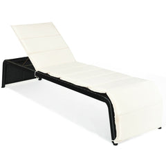 Rattan Chaise Recliner with Folding Cushion and Adjustable Back, Off White