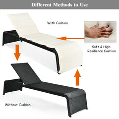 Rattan Chaise Recliner with Folding Cushion and Adjustable Back, Off White