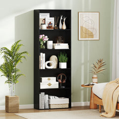 5 Shelf Black Bookcase, Tall Narrow Open Bookshelf for Books and Display