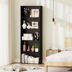 5 Shelf Black Bookcase, Tall Narrow Open Bookshelf for Books and Display