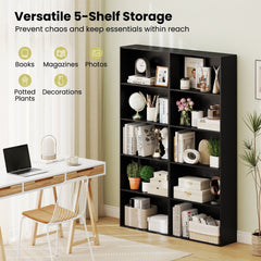 5 Shelf Black Bookcase, Tall Narrow Open Bookshelf for Books and Display