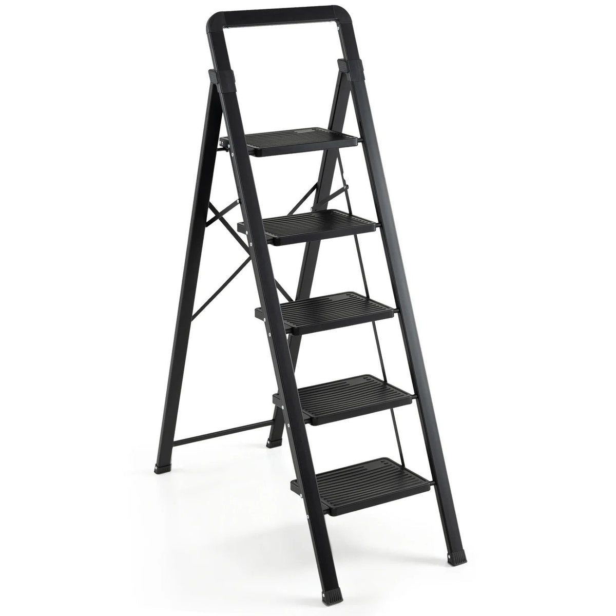 5 Step Black Folding Step Stool with Wide Anti-slip Pedals