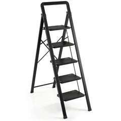 5 Step Black Folding Step Stool with Wide Anti-slip Pedals
