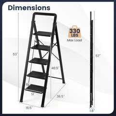 5 Step Black Folding Step Stool with Wide Anti-slip Pedals
