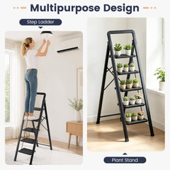 5 Step Black Folding Step Stool with Wide Anti-slip Pedals