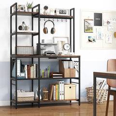5-Tier Bakers Rack with Power Outlets and 10 S-Shaped Hooks-Rustic Brown