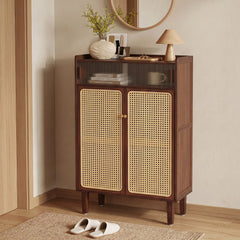 5-Tier Bamboo Shoe Cabinet with Woven Rattan Doors and Sliding Doors for Entryway-Walnut