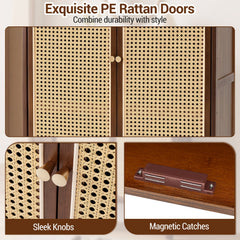 5-Tier Bamboo Shoe Cabinet with Woven Rattan Doors and Sliding Doors for Entryway-Walnut