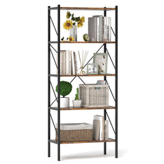 5-Tier Bookshelf with Open Shelves and Heavy Duty Metal Frame-Rustic Brown