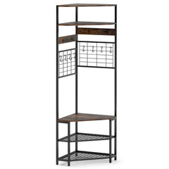 5-Tier Corner Hall Tree with Shoe Storage Bench-Rustic Brown