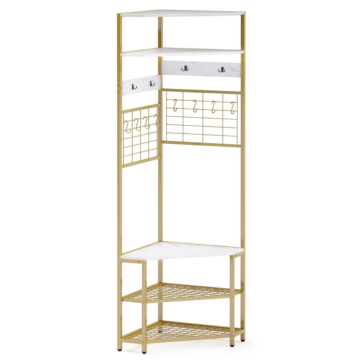 5-Tier Corner Hall Tree with Shoe Storage Bench-White