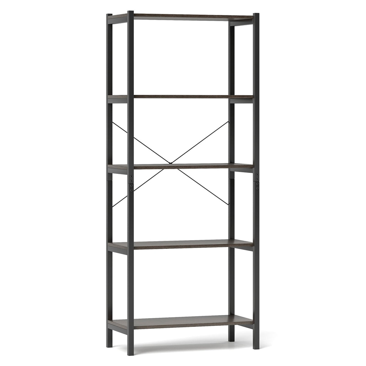 5 Tier Industrial Bookshelf with Black Metal Frame, Display Storage Rack, Grey