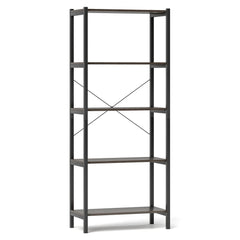 5 Tier Industrial Bookshelf with Black Metal Frame, Display Storage Rack, Grey