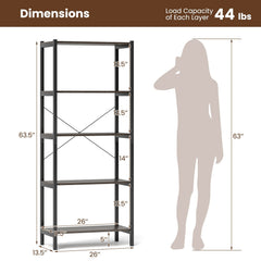5 Tier Industrial Bookshelf with Black Metal Frame, Display Storage Rack, Grey