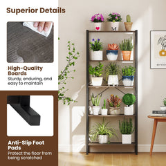 5 Tier Industrial Bookshelf with Black Metal Frame, Display Storage Rack, Grey