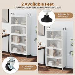 5-Tier Kitchen Storage Cabinet with 4 Flip-up PC Doors Adjustable Feet and Rolling Wheels-White