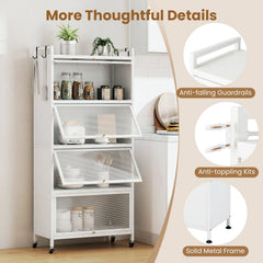5-Tier Kitchen Storage Cabinet with 4 Flip-up PC Doors Adjustable Feet and Rolling Wheels-White