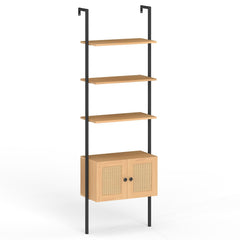 5-Tier Ladder Bookcase with Rattan Cabinet and Metal Frame-Natural