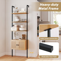 5-Tier Ladder Bookcase with Rattan Cabinet and Metal Frame-Natural