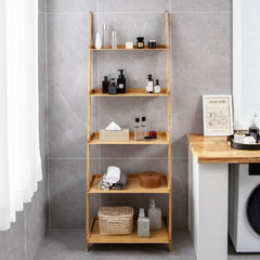 5 Tier Bamboo Ladder Shelf, Wall Leaning Bookshelf and Plant Stand in Natural
