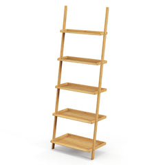 5 Tier Bamboo Ladder Shelf, Wall Leaning Bookshelf and Plant Stand in Natural