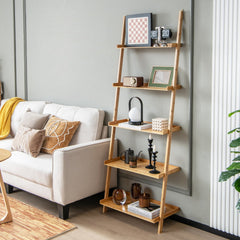 5 Tier Bamboo Ladder Shelf, Wall Leaning Bookshelf and Plant Stand in Natural