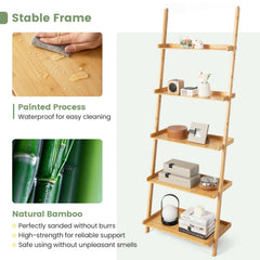 5 Tier Bamboo Ladder Shelf, Wall Leaning Bookshelf and Plant Stand in Natural