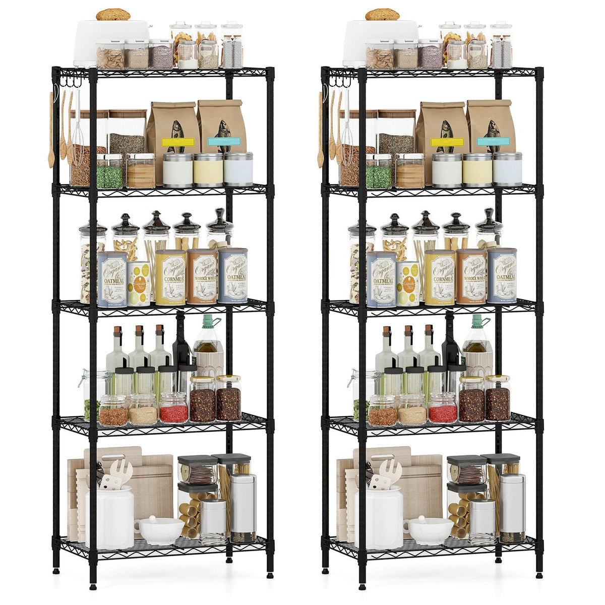 5-Tier Metal Storage Shelving Unit Set of 2 with V-Shaped Wire Rack-Black