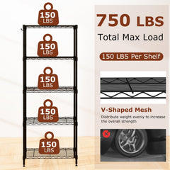 5-Tier Metal Storage Shelving Unit with V-Shaped Wire Rack and 750 LBS Capacity-Black
