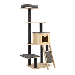 69 Inch Pine and Birch Cat Tower with Large Condo, Sisal Ramp and Washable Mats, Gray