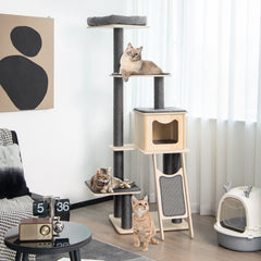 69 Inch Pine and Birch Cat Tower with Large Condo, Sisal Ramp and Washable Mats, Gray