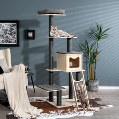 69 Inch Pine and Birch Cat Tower with Large Condo, Sisal Ramp and Washable Mats, Gray