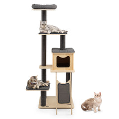 69 Inch Pine and Birch Cat Tower with Large Condo, Sisal Ramp and Washable Mats, Gray
