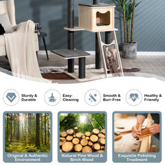 69 Inch Pine and Birch Cat Tower with Large Condo, Sisal Ramp and Washable Mats, Gray