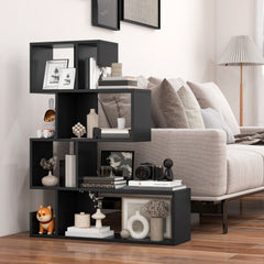 5 Tier Z Shelf Bookcase in Black, Geometric S Shaped Bookshelf with Open Cubes