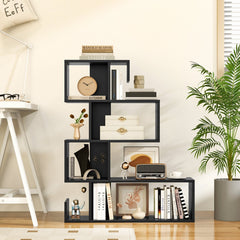 5 Tier Z Shelf Bookcase in Black, Geometric S Shaped Bookshelf with Open Cubes