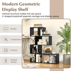 5 Tier Z Shelf Bookcase in Black, Geometric S Shaped Bookshelf with Open Cubes